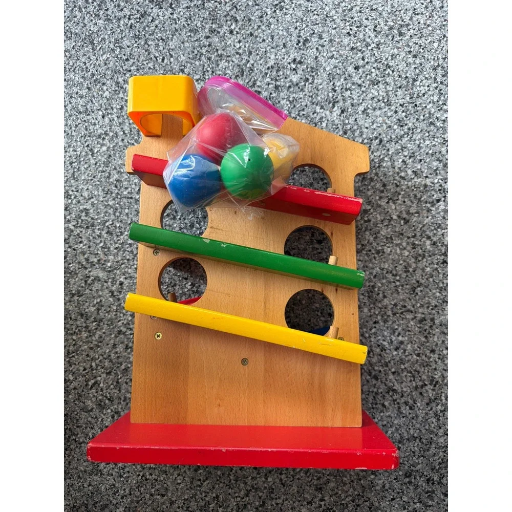 Peek-A-Babe Wooden Ball Run House Toy with Bell and 4 Balls Montessori Style